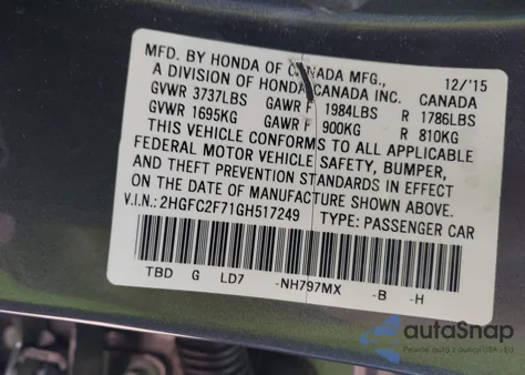 2016 Honda Civic Ex z USA, uszkodzony, nr VIN 2HGFC2F71GH517249